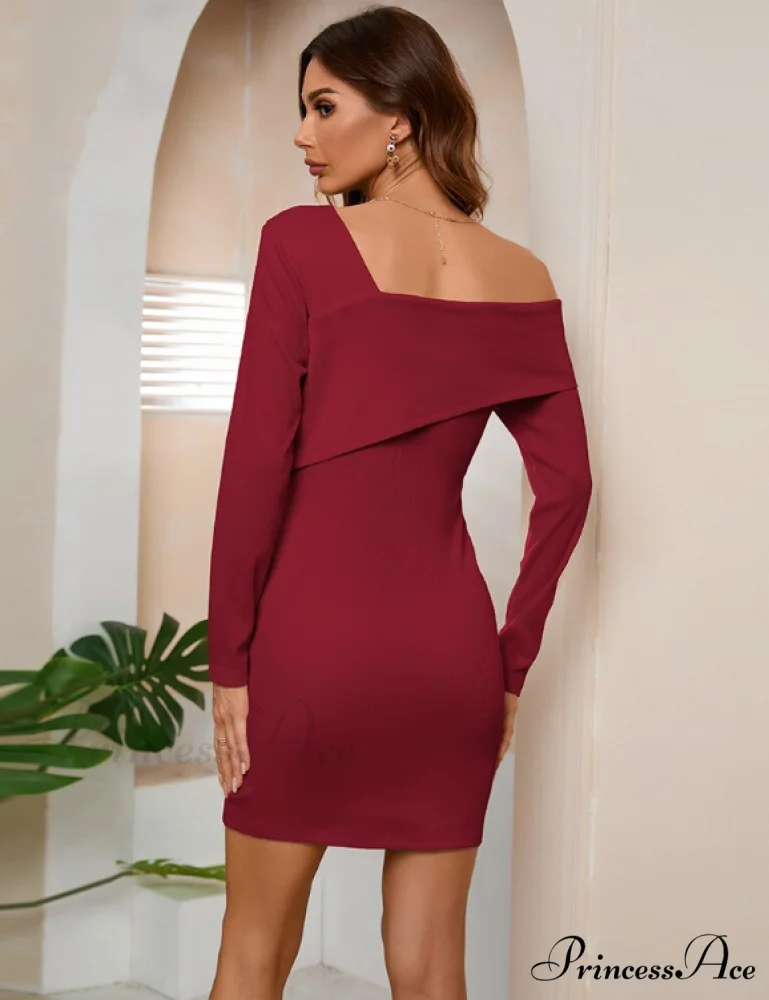 Off Shoulder Solid Full Sleeve Office Dress with Half Open Collar - Image 9