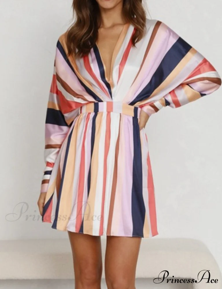 Colorful Striped Short Flare Mini Dress for Women - Image 3