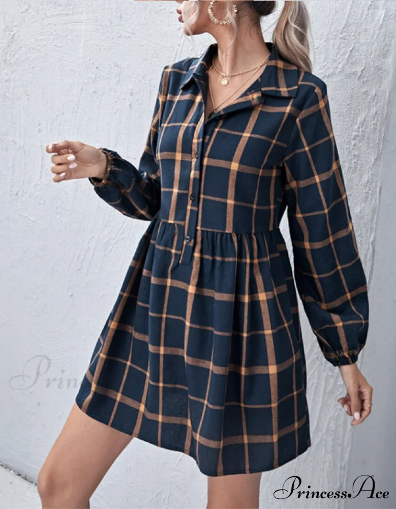 Navy V Neck Plaid Prints Buttons Casual Sweet Dress for Women - Image 2