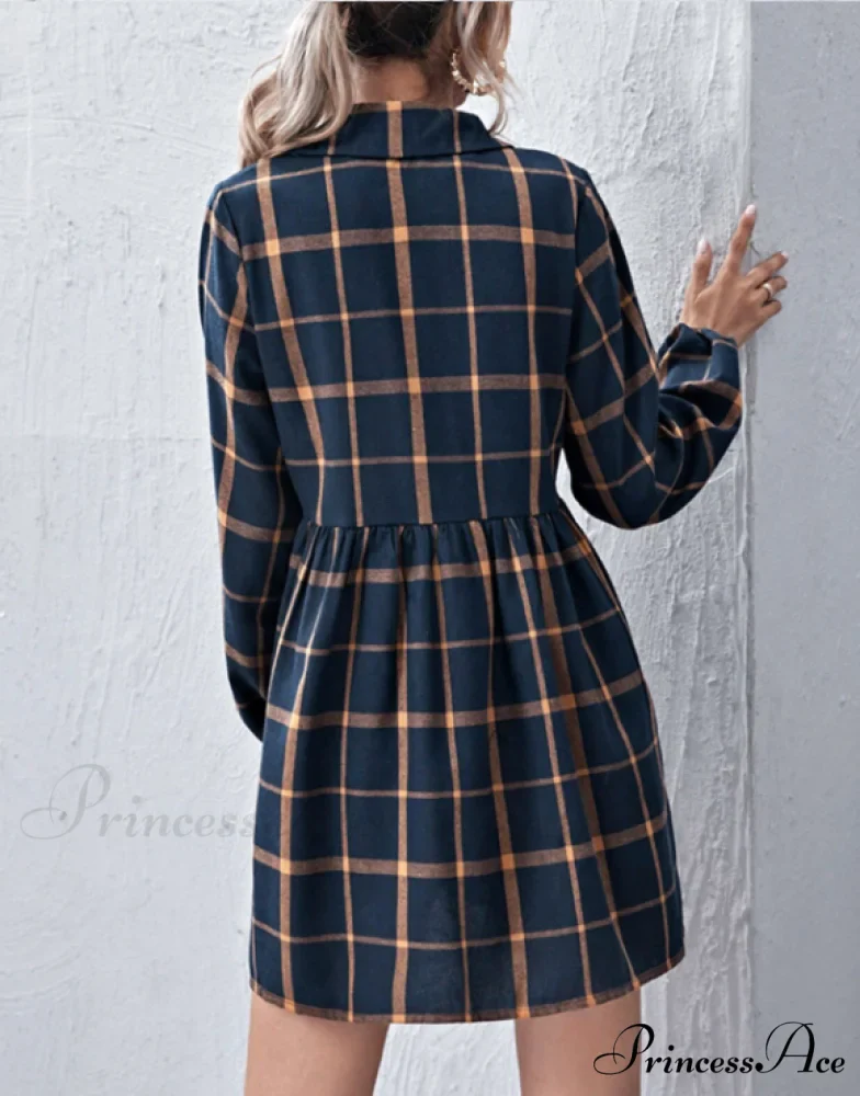 Navy V Neck Plaid Prints Buttons Casual Sweet Dress for Women - Image 3