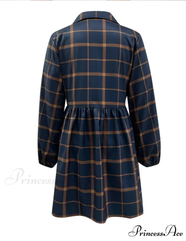 Navy V Neck Plaid Prints Buttons Casual Sweet Dress for Women - Image 4