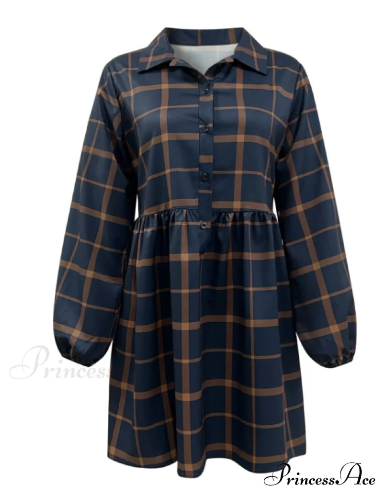 Navy V Neck Plaid Prints Buttons Casual Sweet Dress for Women - Image 5