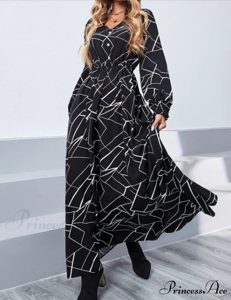 Women Long Skirt Dress with Ruffles and V Neck - Long Sleeved Temperament Dress - Image 2