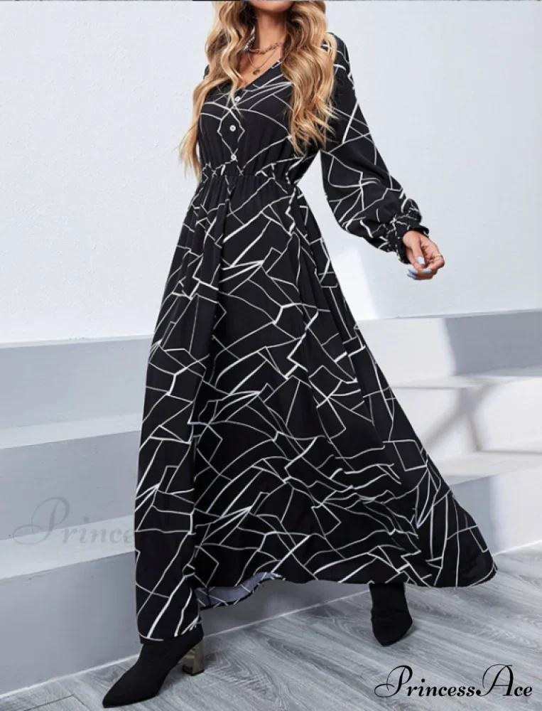 Women Long Skirt Dress with Ruffles and V Neck - Long Sleeved Temperament Dress - Image 3