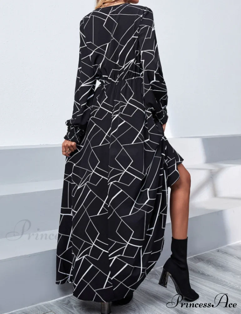 Women Long Skirt Dress with Ruffles and V Neck - Long Sleeved Temperament Dress - Image 4