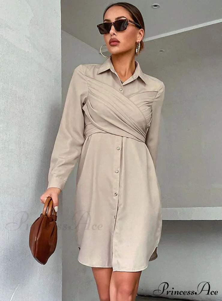 Long Sleeve Lapels Dress with Wrap Detail - Image 2