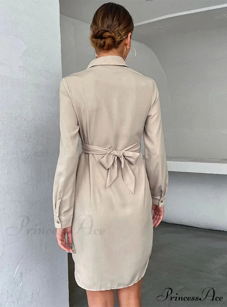 Long Sleeve Lapels Dress with Wrap Detail - Image 3