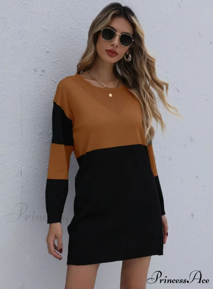 Turtleneck Loose Knit Stitching Sweater Dress - Image 4