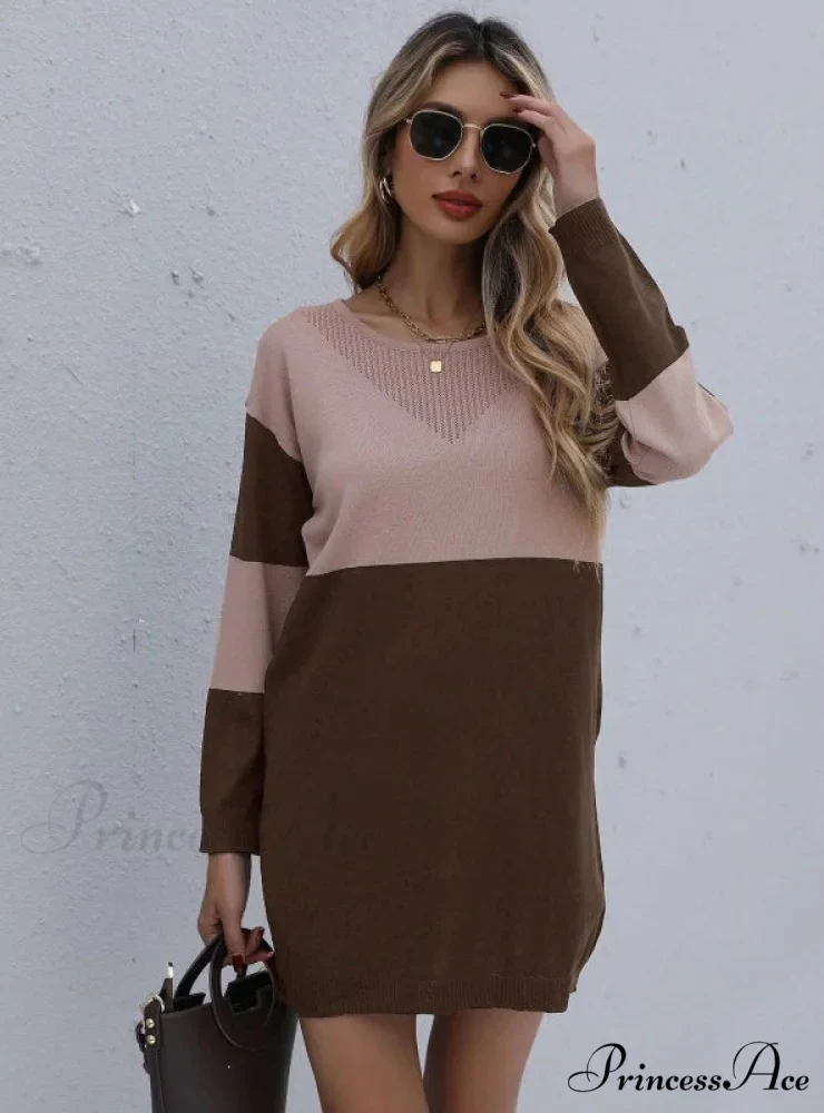 Turtleneck Loose Knit Stitching Sweater Dress - Image 6