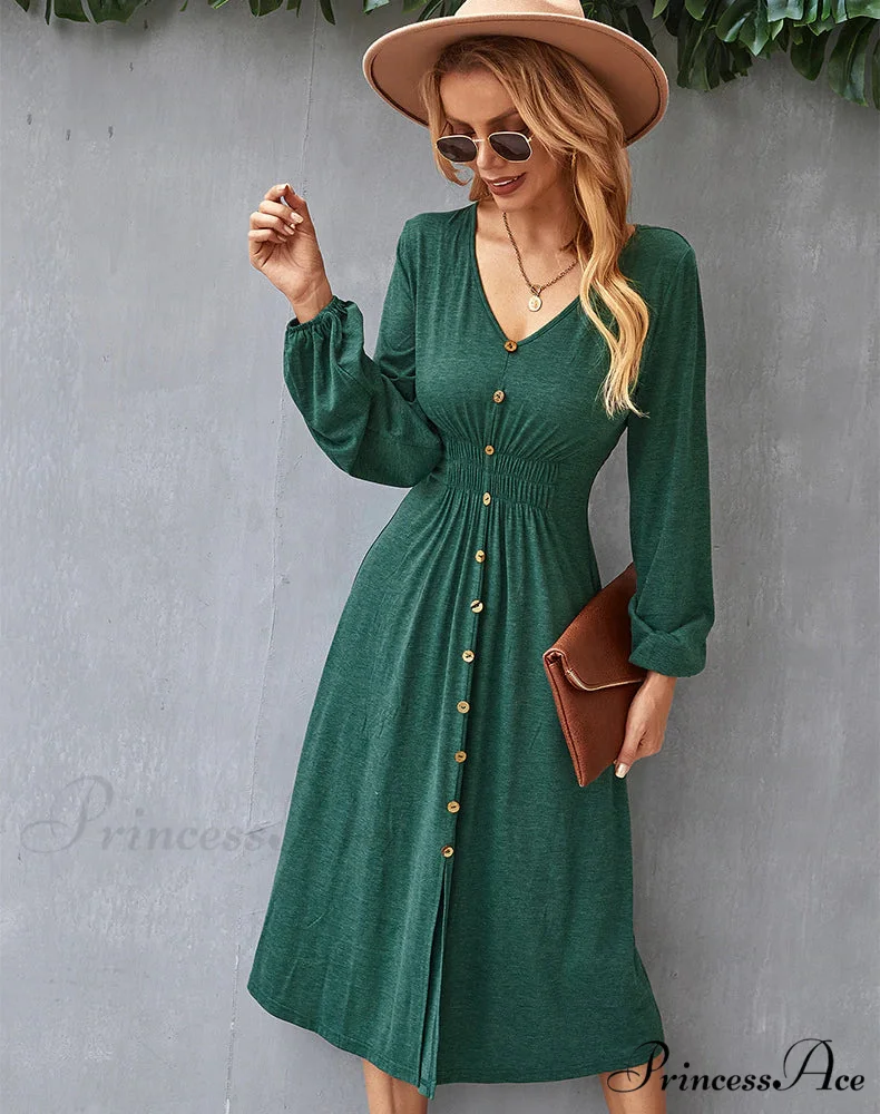 V-NECK LONG SLEEVE A-LINE DRESS - Image 2