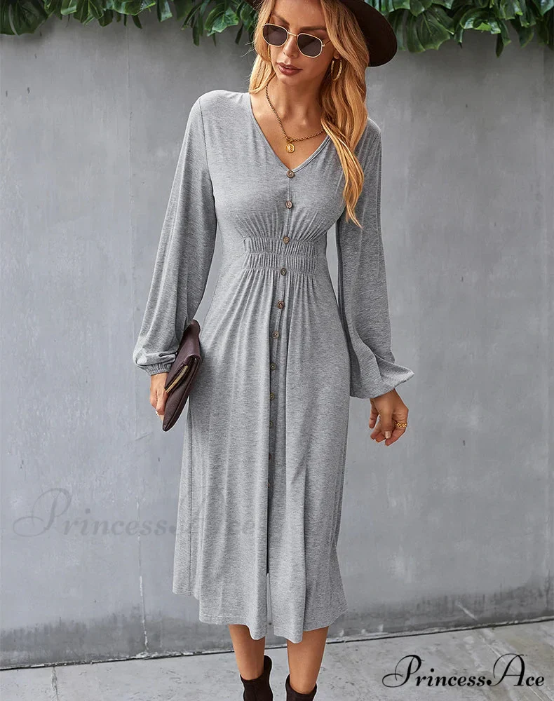 V-NECK LONG SLEEVE A-LINE DRESS - Image 3