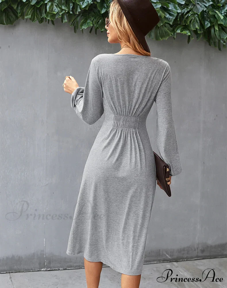 V-NECK LONG SLEEVE A-LINE DRESS - Image 4
