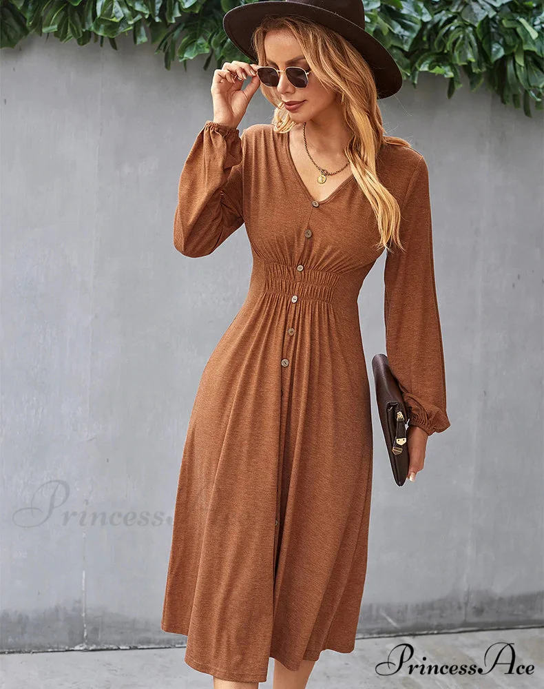 V-NECK LONG SLEEVE A-LINE DRESS - Image 5