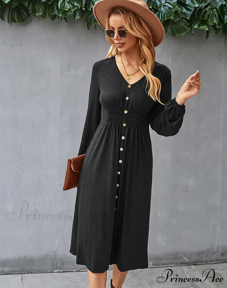 V-NECK LONG SLEEVE A-LINE DRESS - Image 7