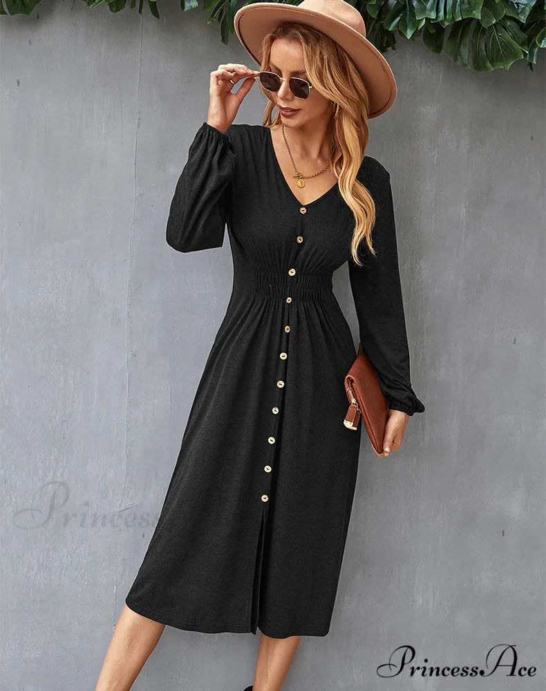 V-NECK LONG SLEEVE A-LINE DRESS - Image 8