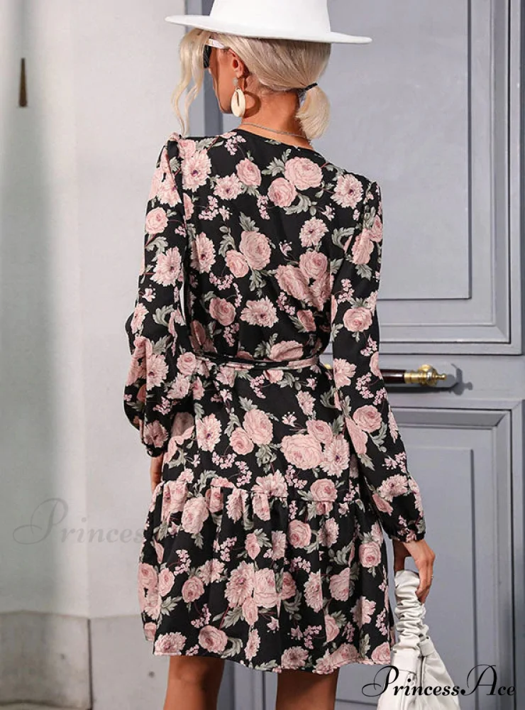 V-NECK LONG SLEEVE DRESS - PRINTED - Image 2
