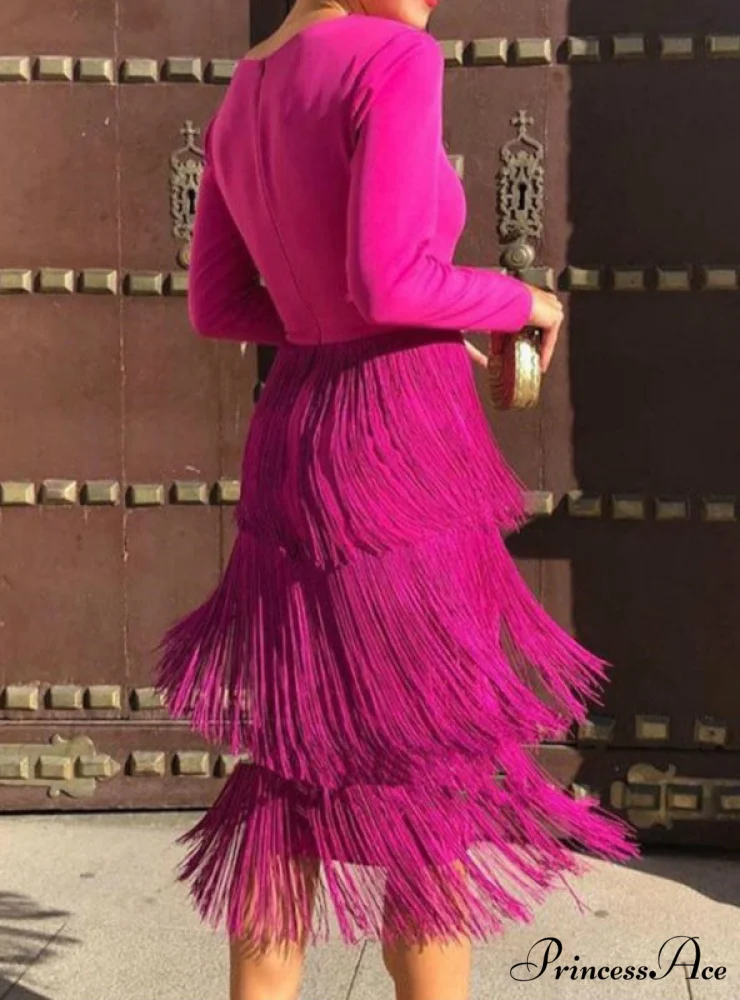 Deep V Neck Long Sleeve Bodycon Dress with Tassel Design - Image 2
