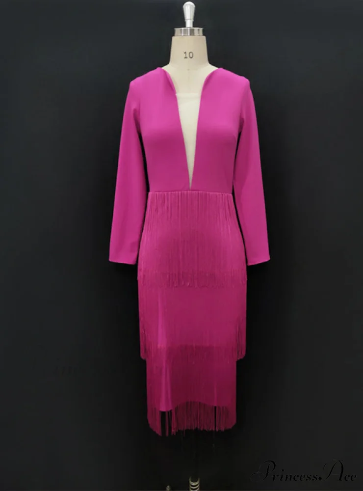 Deep V Neck Long Sleeve Bodycon Dress with Tassel Design - Image 3