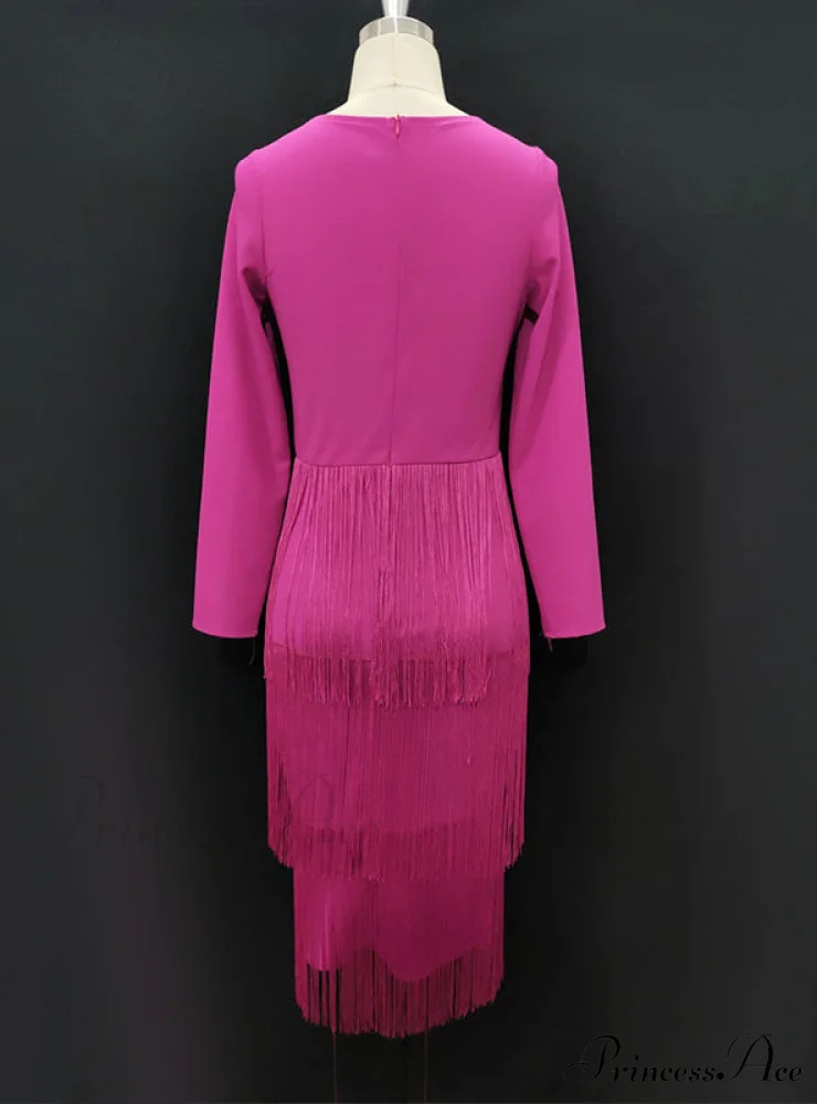 Deep V Neck Long Sleeve Bodycon Dress with Tassel Design - Image 4