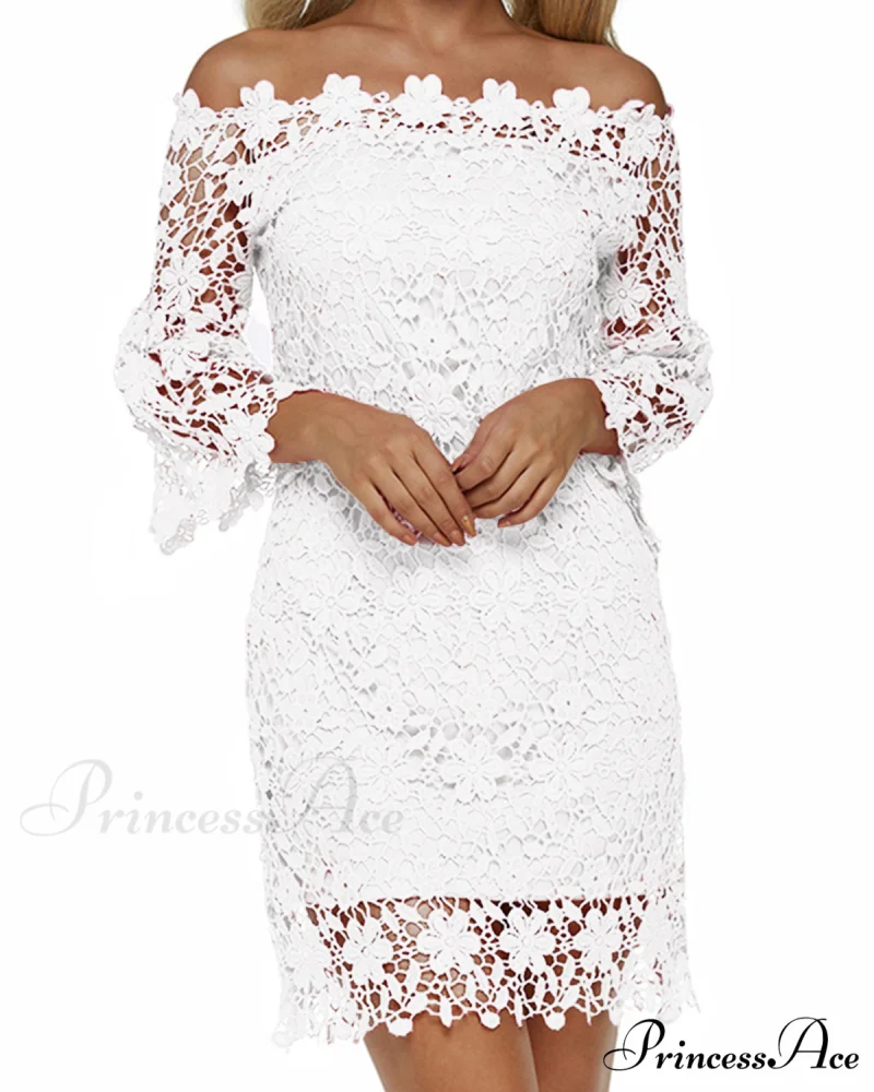 Off Shoulder Lace Patchwork Mini Dress with Flare Sleeves - Image 11
