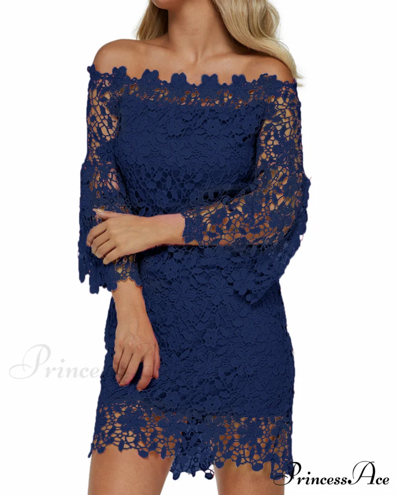 Off Shoulder Lace Patchwork Mini Dress with Flare Sleeves - Image 12
