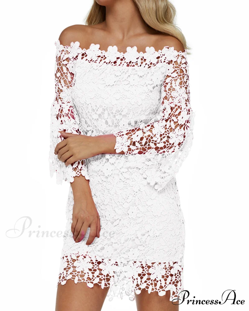 Off Shoulder Lace Patchwork Mini Dress with Flare Sleeves - Image 2