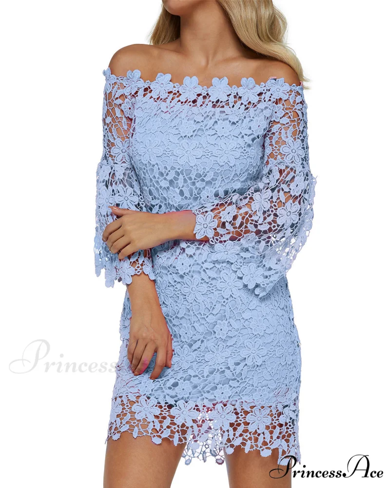 Off Shoulder Lace Patchwork Mini Dress with Flare Sleeves - Image 3