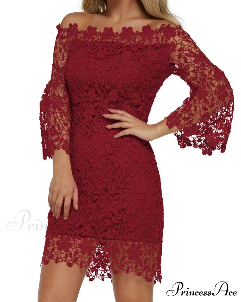 Off Shoulder Lace Patchwork Mini Dress with Flare Sleeves - Image 4