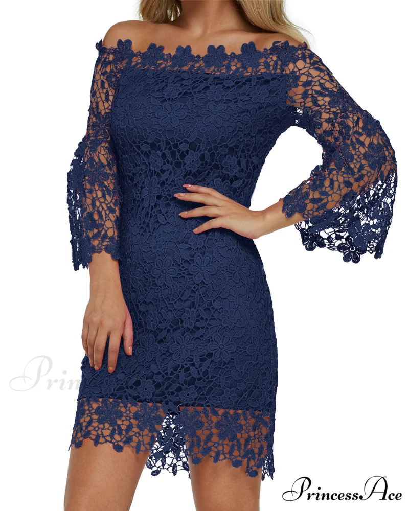 Off Shoulder Lace Patchwork Mini Dress with Flare Sleeves - Image 5