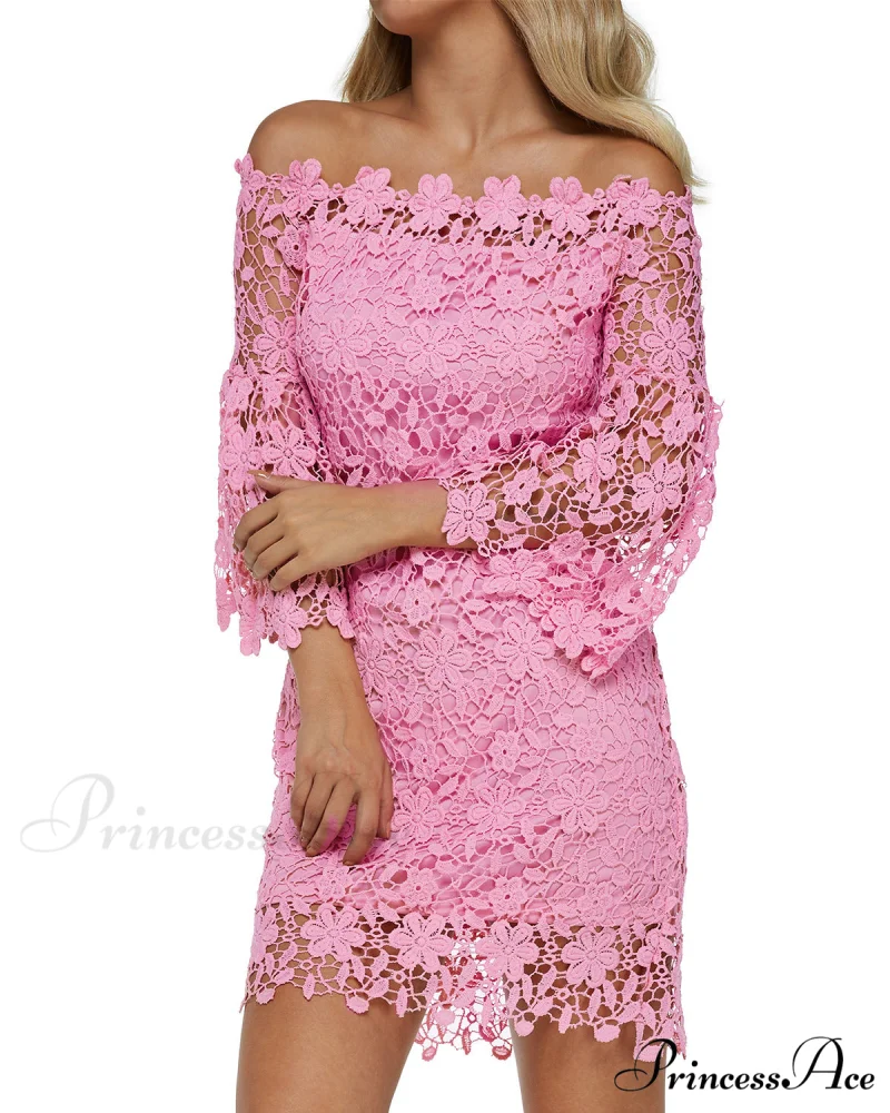 Off Shoulder Lace Patchwork Mini Dress with Flare Sleeves - Image 6