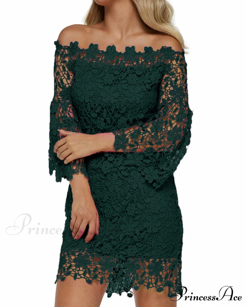 Off Shoulder Lace Patchwork Mini Dress with Flare Sleeves - Image 8
