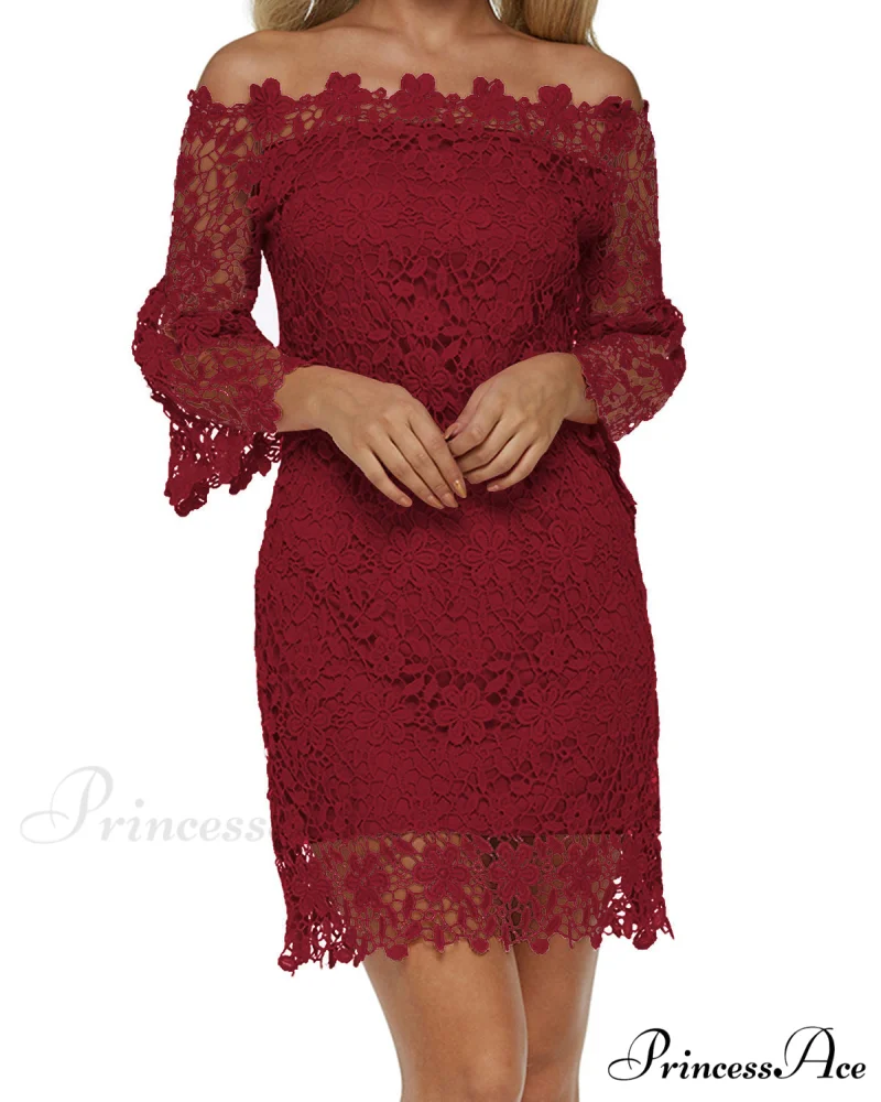 Off Shoulder Lace Patchwork Mini Dress with Flare Sleeves - Image 9