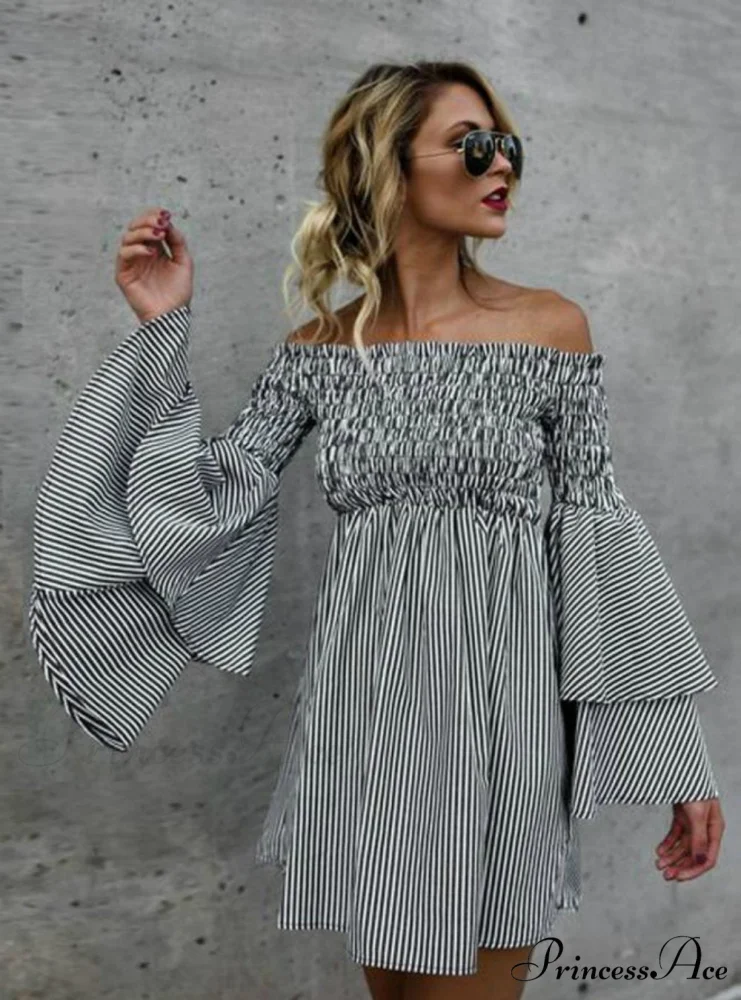 Off Shoulder Stripe Party Casual Dress with Long Sleeves for Women - Image 3