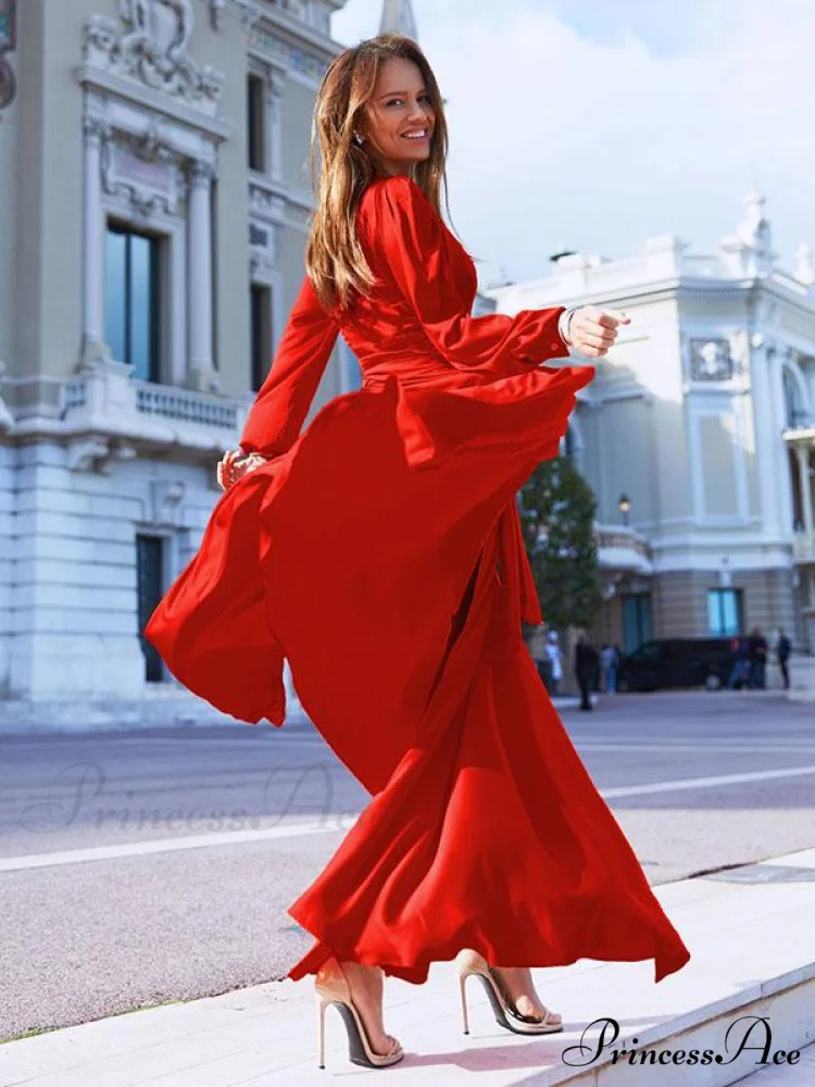 V-neck Long Sleeves Solid Color Belted Maxi Evening Dress - Image 4