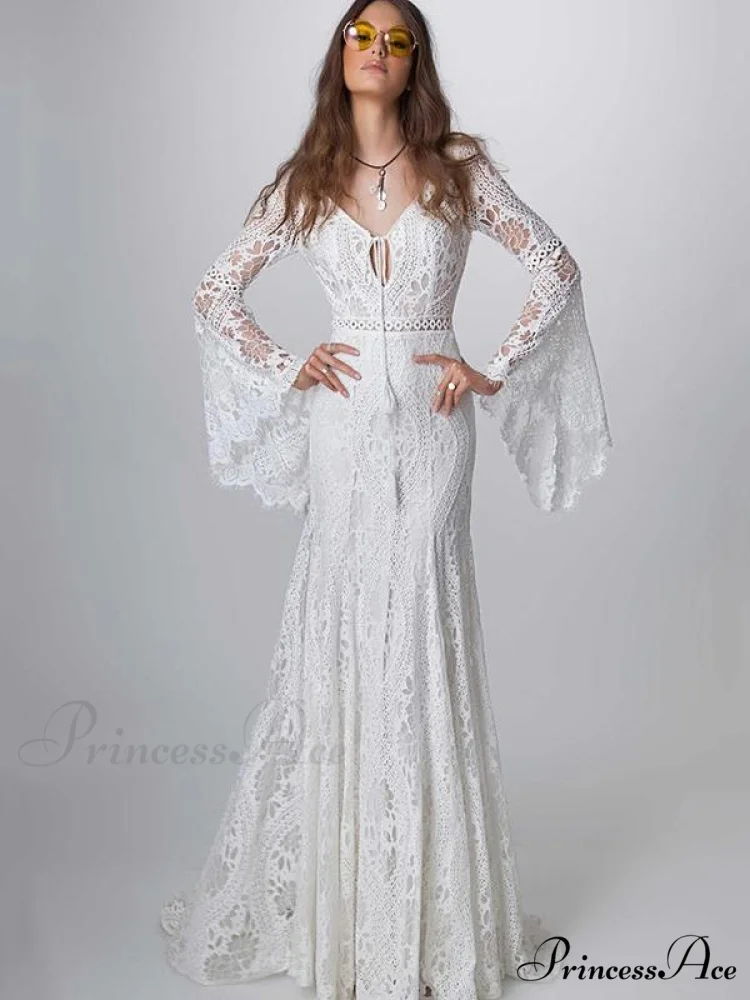 Elegant Lace Hollow Flared Sleeves Evening Gown - Image 3