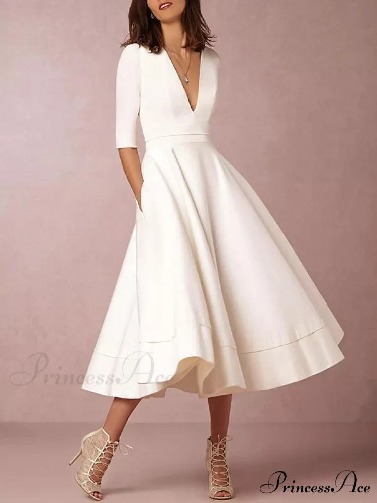 Elegant White V-neck Evening Dress with Half Sleeves - Image 4