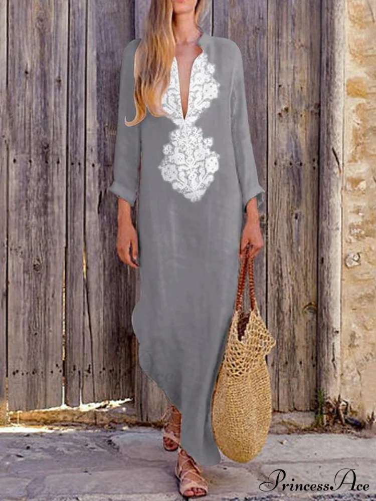 Yellow V-neck Maxi Dress with Long Sleeves and Split Sides - Image 2