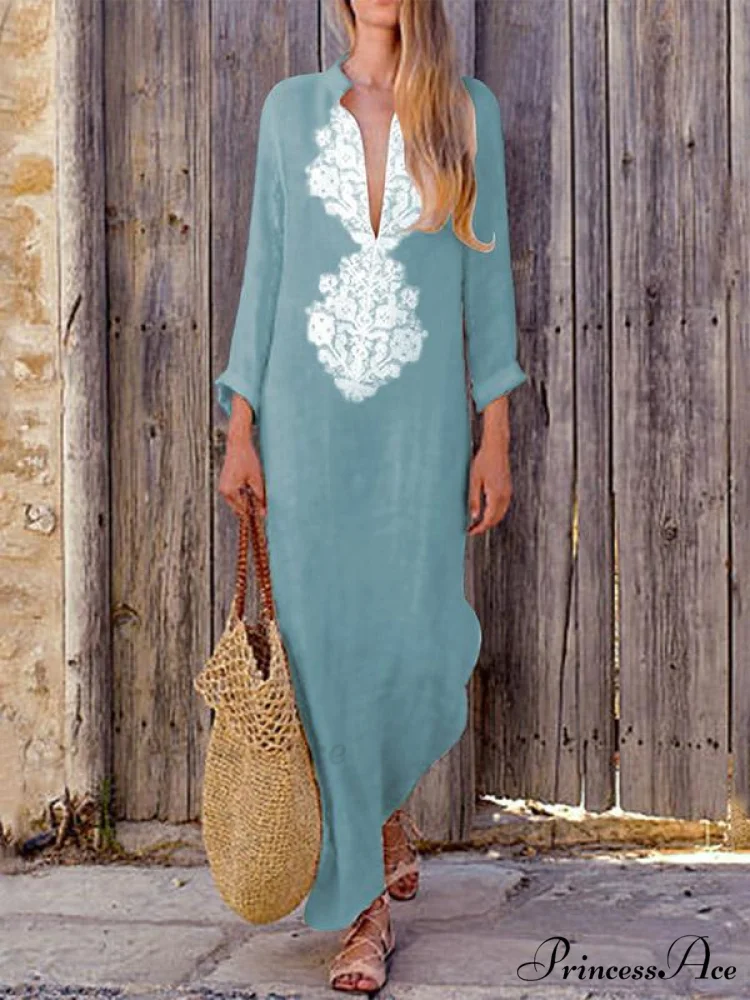 Yellow V-neck Maxi Dress with Long Sleeves and Split Sides - Image 3