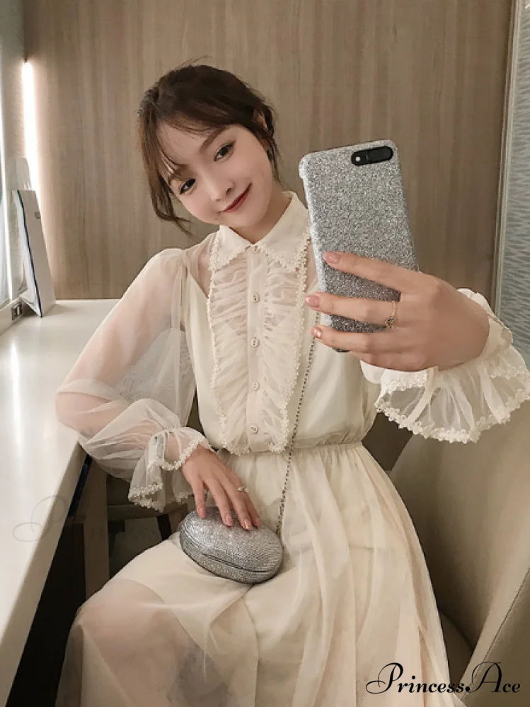 White Chiffon Summer Dress with Long Sleeves - Image 2