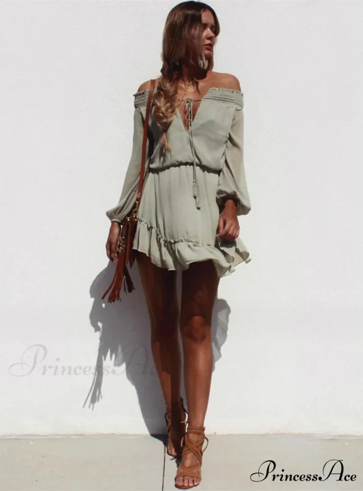 Vintage Off Shoulder Chiffon Dress with Long Lantern Sleeves - Image 2