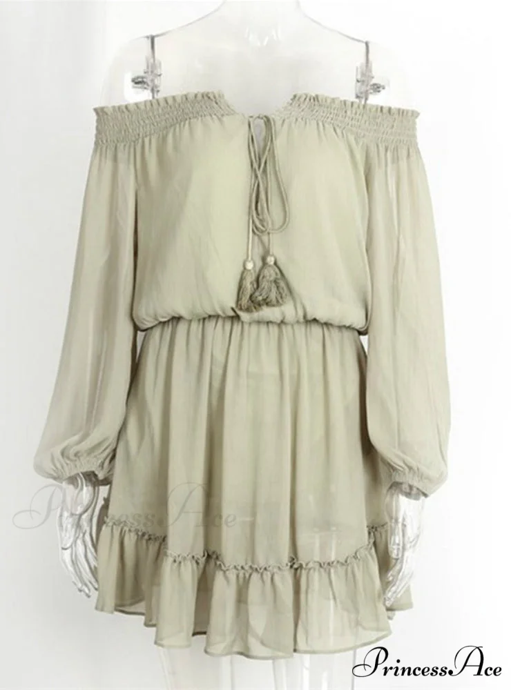 Vintage Off Shoulder Chiffon Dress with Long Lantern Sleeves - Image 4