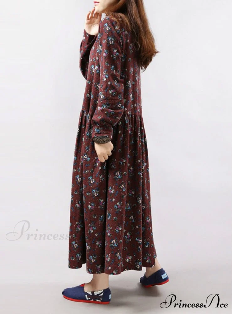Vintage Floral Print Dress with Long Sleeves and O Neck for Women with Pockets - Image 2
