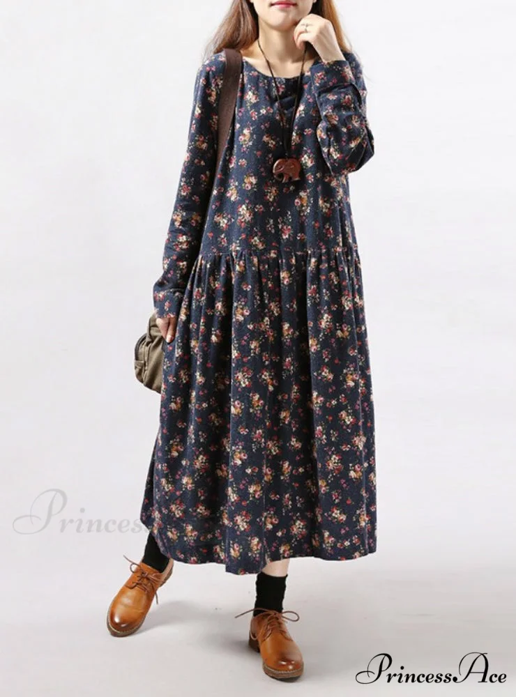 Vintage Floral Print Dress with Long Sleeves and O Neck for Women with Pockets - Image 3