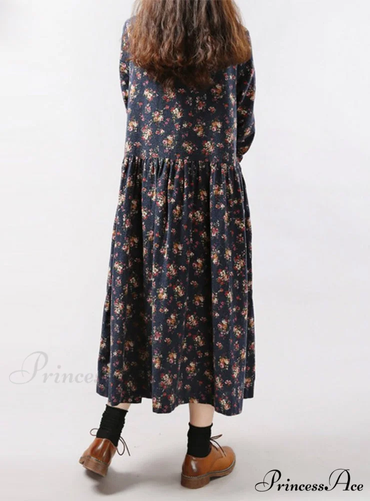 Vintage Floral Print Dress with Long Sleeves and O Neck for Women with Pockets - Image 4