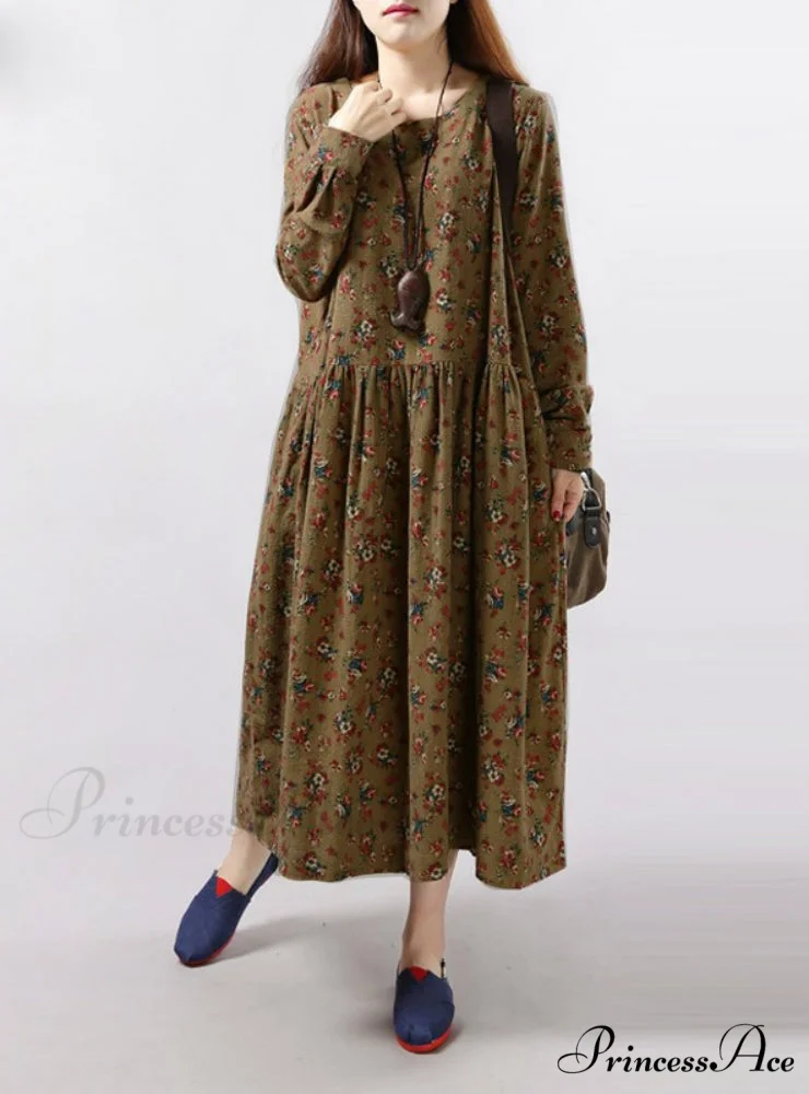 Vintage Floral Print Dress with Long Sleeves and O Neck for Women with Pockets - Image 5