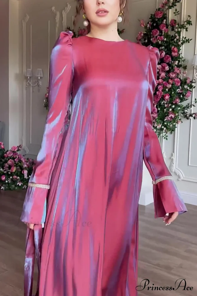 Sparkling Satin Puff Sleeve Midi Dress with Glitter Finish - Image 4