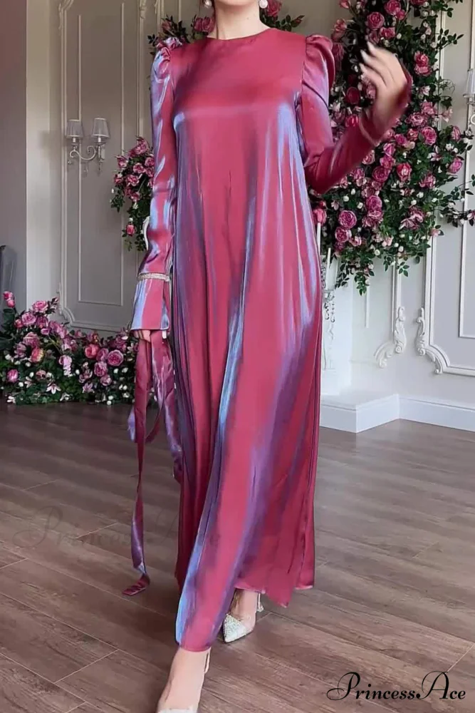 Sparkling Satin Puff Sleeve Midi Dress with Glitter Finish - Image 9