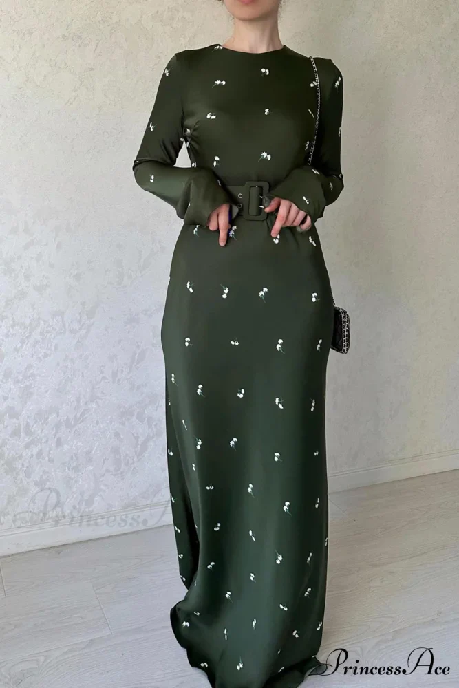 Floral Print High Waist Midi Dress with Belt - Image 2