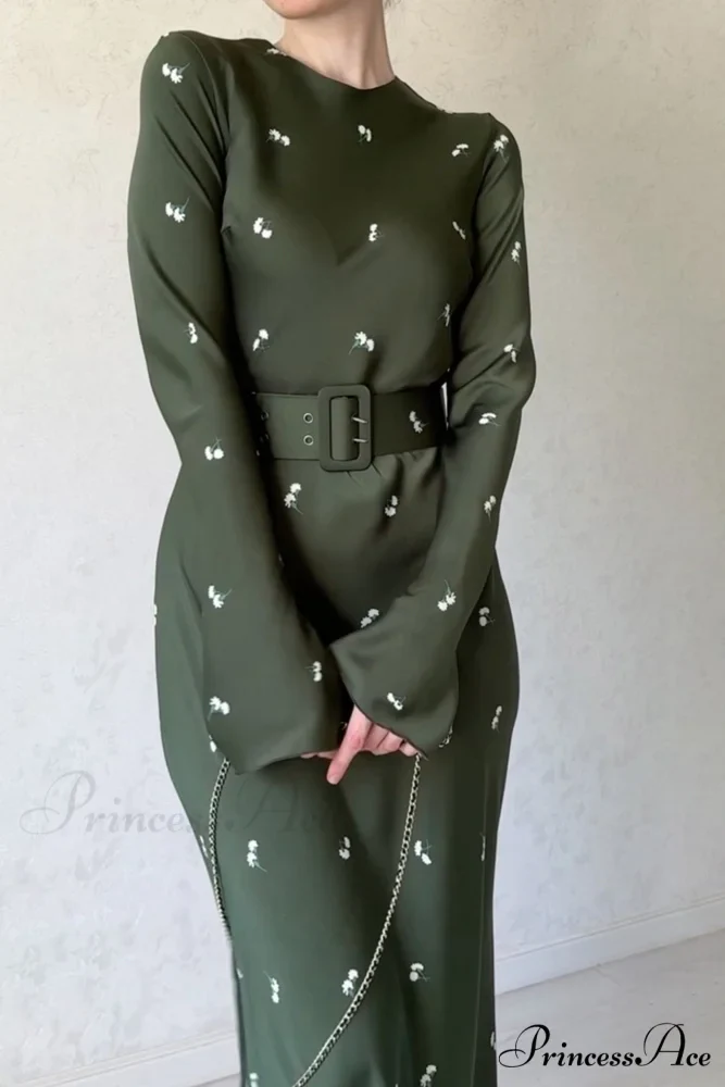 Floral Print High Waist Midi Dress with Belt - Image 3