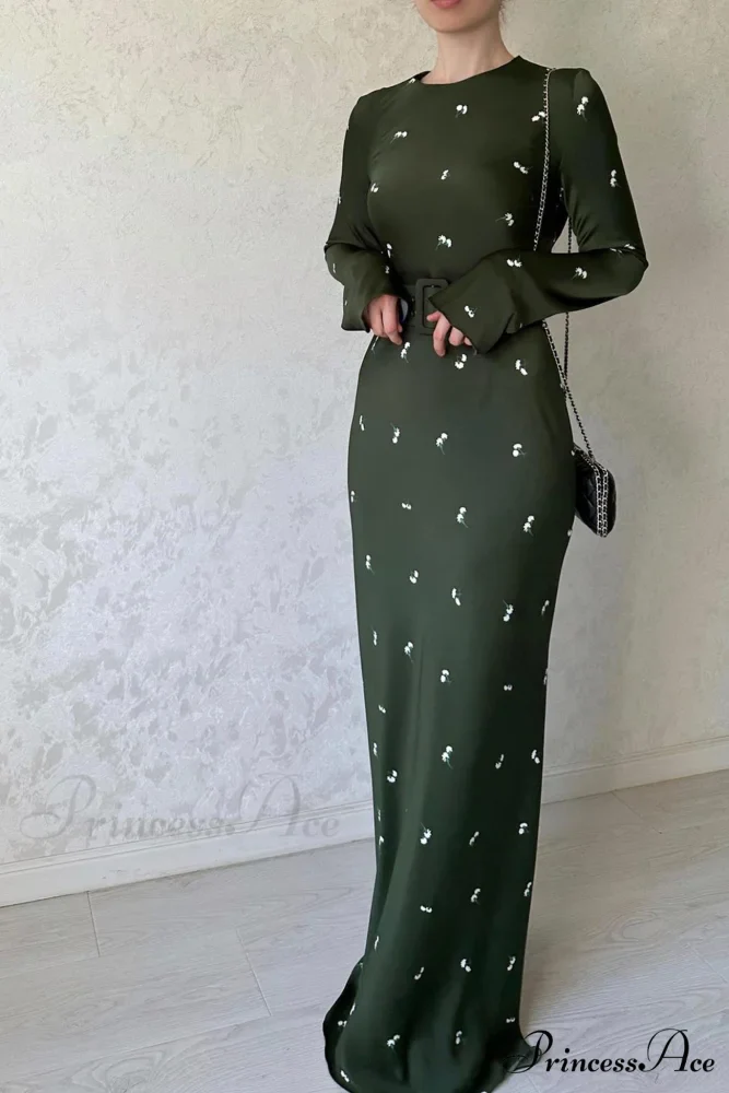 Floral Print High Waist Midi Dress with Belt - Image 5